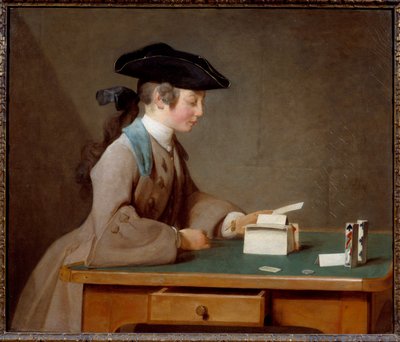 Le chateau de cartes أو صوت السيد Le Noir لوحة بواسطة Jean Baptiste Simeon Chardin (1699-1779) 1737 Sun. 0.6x0.71 م لندن ، معرض وطني - بيت البطاقات (أو ابن السيد نوير) - رسم جان بابتيست سيميون شاردان (1699-1779) ، زيت على بواسطة جان بابتيست سيميون شاردان