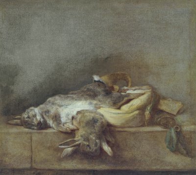 الحياة الساكنة مع الأرانب ، Gamebag والقرن الوردي ، c.1755 بواسطة جان بابتيست سيميون شاردان