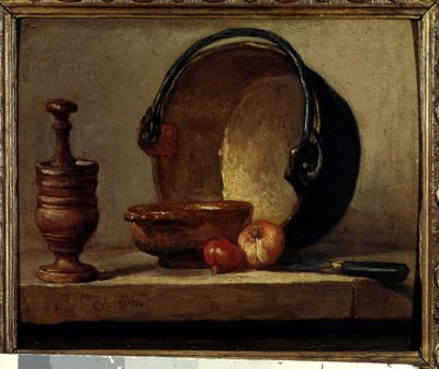 The copper chaudon still life with mortar and onions. Painting by Jean Baptiste Simeon Chardin (1699-1779) 1732 Paris, Musee Cognacq Jay بواسطة جان بابتيست سيميون شاردان