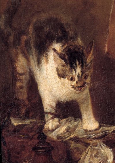 الزلاجة الساكنة للأسماك والمحار والإبريق. تفاصيل القط. رسم جان بابتيست سيميون شاردان (1699-1779) 1727 صن. 1،14 x 1،46 م باريس. متحف اللوفر بواسطة جان بابتيست سيميون شاردان