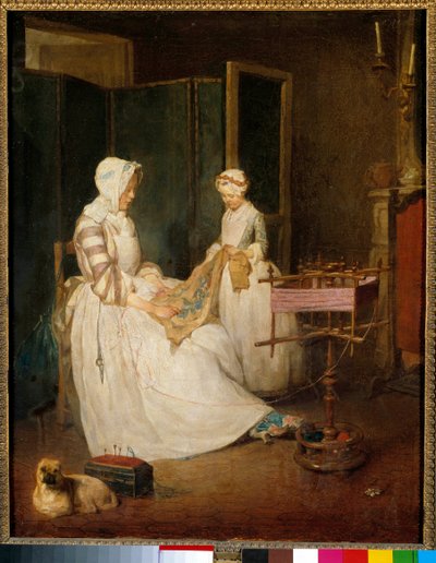 The working mother A mother helped by her daughter embroidering and using a chedder. Painting by Jean Baptiste Simeon Chardin (1699-1779) 18th century Sun. 0,4x0,39 m بواسطة جان بابتيست سيميون شاردان