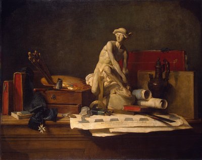 الفرنسية  Nature morte avec des attributs des Arts الحياة الساكنة مع سمات الفنون بواسطة جان بابتيست سيميون شاردان