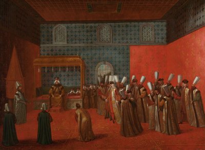 السفير كورنيليس كالكوين في مقابلته مع السلطان أحمد الثالث السفير كورنيليس كالكوين في مقابلة مع السلطان أحمد الثالث ، ١٤ سبتمبر ١٧٢٧ بواسطة جان بابتيست فانمور