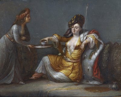 "" السلطان تأخذ قهوتها "(سلطانة تتناول القهوة) لوحة من مدرسة جان بابتيست (جان بابتيست) فانمور (فان مور) (1671-1737) مجموعة خاصة بواسطة جان بابتيست فانمور