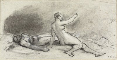 امرأة عارية تجلس مع رجل عاري نائم (وجه) ؛ منظر جذع الأنثى من الخلف (ظهر) بواسطة جان بيرود