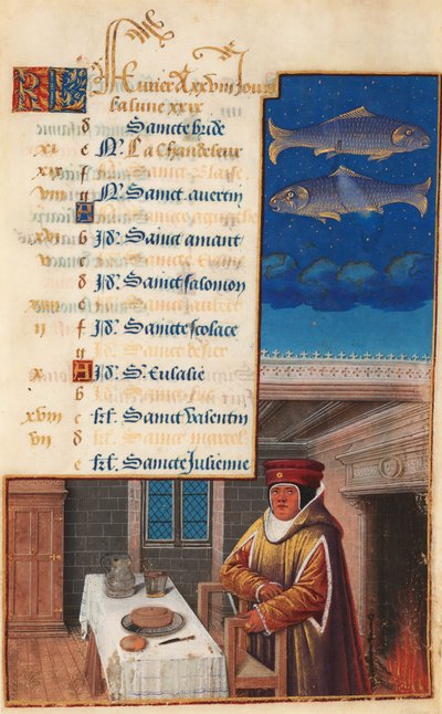 ساعات لويس الثاني عشر (ساعات هنري السابع سابقًا) ، ورقة التقويم لشهر فبراير ، c.1490-1510 (درجة الحرارة على الرق) بواسطة جان بورديشون