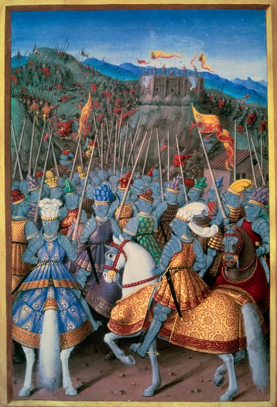الحروب الإيطالية: هاجم الملك لويس الثاني عشر (1462-1515) الجينات مع قواته في عام 1507. صورة مصغرة من "Le voyage dee Genes" لجين مارو (1450-1526) قام بتنويرها جان بورديكون (1457-1521) 1510 Paris، B.N. بواسطة جان بورديشون