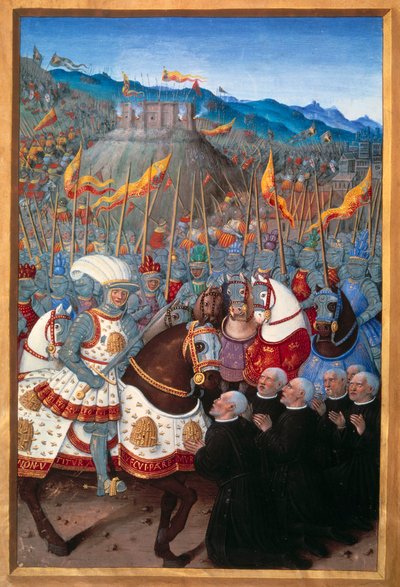 تلقى لويس الثاني عشر (1462-1515) ستة برجوازيين من جينات راكعة (25 أبريل 1507). صورة مصغرة لجين بورديشون (1457؟ - 1521) في "" رحلة الجينات "(Folio 20v) كتبها جان ماروت ، عدد 1508. باريس ، BN بواسطة جان بورديشون