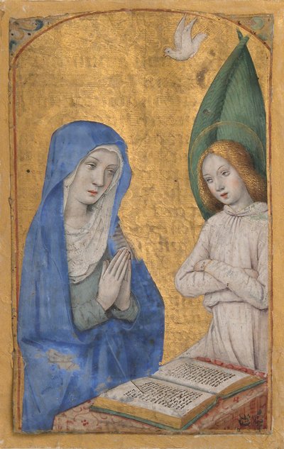 ورقة مخطوطة مع البشارة من كتاب ساعات ، كاليفورنيا. 1485-90. بواسطة جان بورديشون