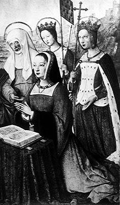 السيدة لات 9474 f.3v آن من بريتاني مع سانت آن وسانت أورسولا وسانت هيلين ، صورة مصغرة من Grandes Heures of Anne of Brittany ، c.1503-8 (انظر أيضًا 151193) بواسطة جان بورديشون