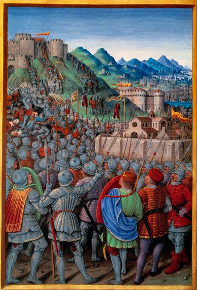 هاجم جنوا حرس كاستيلاسيو دي جينيس من قبل الفرنسيين (12 مارس 1507). صورة مصغرة لجين بورديشون (1457؟ - 1521) في "" رحلة الجينات "(Folio 20v) كتبها جان ماروت ، عدد 1508. باريس ، NL بواسطة جان بورديشون