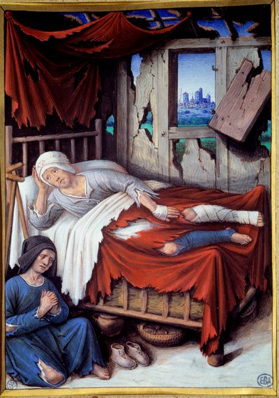 موت رجل فقير. امرأة على سرير رجل يحتضر تصلي. لوحة لجين بورديشون (v.1457-1521) بواسطة جان بورديشون