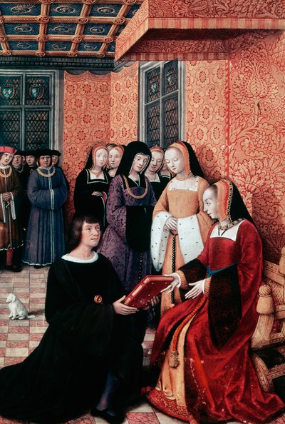The poet Jean Marot (1450-1526) handing over his work Voyage to Genoa to Anne of Brittany (1477-1514), ca 1508, miniature by Jean Bourdichon (1457-1521). France بواسطة جان بورديشون