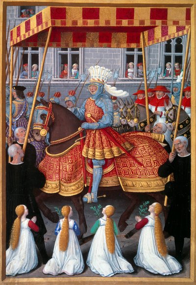 المدخل المنتصر للملك لويس الثاني عشر (1462-1515) إلى الجينات في أبريل 1507 صورة مصغرة مأخوذة من "رحلة جينات" لجين مارو (1450-1526) التي أضاءها جان بورديكون (1457-1521) 1508. باريس ، بي إن بواسطة جان بورديشون