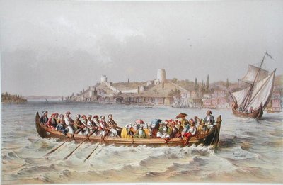 قارب عبارة على مضيق البوسفور ، رسم توضيحي من "Souvenirs de Constantinople" ، نُشر عام 1855 (ليثو ملون) بواسطة جان برينديزي