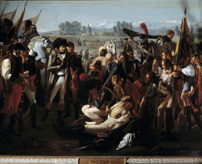 وفاة الجنرال تشارلز أنطوان ديسايكس دي فيغو (1768-1800) في معركة مارينغو في 14/06/1800 تحت أعين نابليون بونابرت (1769-1821) التفاصيل. رسم جان بروك (1771-1850) القرن التاسع عشر. خافت. 3،2x4،5 م. بواسطة جان بروك