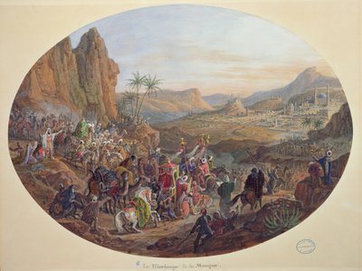 تصميم لمجموعة لوحات تصور "الحج إلى مكة" ، من أجل مصنع سيفر ، حوالي 1839-1840 (جواش على ورق) بواسطة جان تشارلز Develly