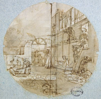 ورشة ماسون ، تصميم لوحة لخدمة تصور الحرف المختلفة ، c.1820-35 (قلم وحبر وغسل وغواش على ورق) بواسطة جان تشارلز Develly