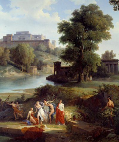 Odyssee of Homere: "" يرى يوليسيس Nausicaa ، ابنة الملك Alcinoos ، تلعب الكرة مع أتباعه "" التفاصيل. رسم جان تشارلز ريمون (1795-1875) 1830 نانت ، متحف الفنون الجميلة بواسطة جان تشارلز جوزيف ريموند