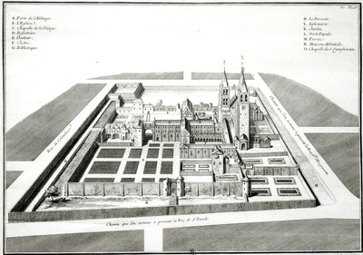 منظر لدير سان جيرمان دي بري قبل عام 1640 ، محفور من قبل أنطوان هيريسيت (1685-1769) بواسطة جان شوفورييه
