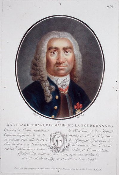 برتراند فرانسوا ماهي دي لا بوردونيه (1699-1753) من "صور لرجال عظماء ونساء لامعات وموضوعات لا تُنسى في فرنسا" ، نقش بواسطة رايد ، نُشر في 1787-92 (ليثو ملون) بواسطة جان كلود (بعد) نايجون