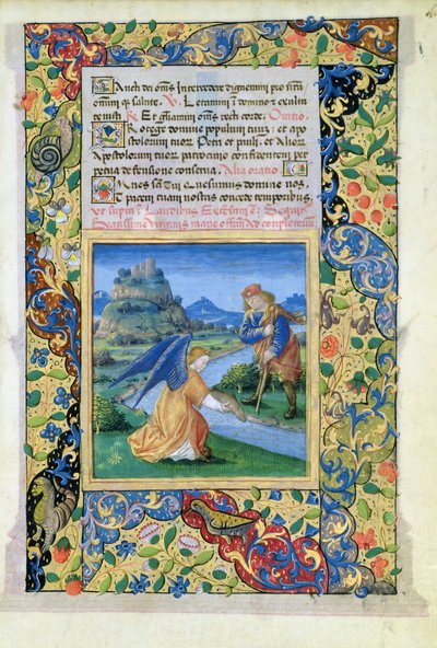 السيدة لات. QvI126 f.40 توبياس والملاك ، من كتاب ساعات لويس دورليانز ، 1469 بواسطة جان كولوم