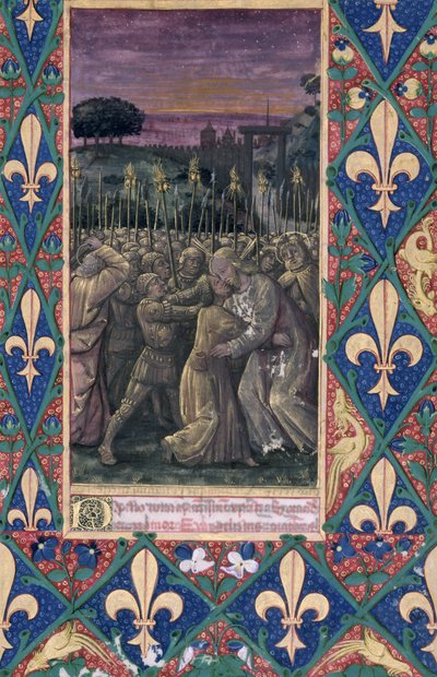 السيدة لات. QvI126 f.100 قبلة يهوذا ، من "كتاب ساعات لويس دورليانز" ، ١٤٦٩ بواسطة جان كولوم