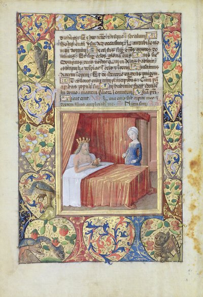 السيدة لات. QvI126 f.37v ملك ملقى على السرير ، من "كتاب ساعات لويس دورليانز" ، ١٤٩٠ بواسطة جان كولوم