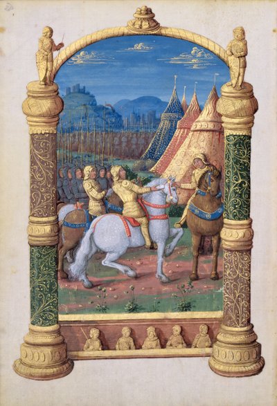 السيدة لات. QvI126 f.63v ديفيد وأبشالوم في الحرب من أجل التاج ، من "كتاب ساعات لويس دورليانز" ، ١٤٦٩ بواسطة جان كولوم