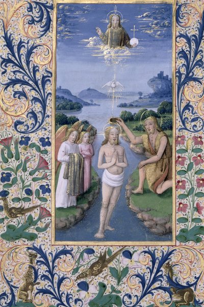 السيدة لات. QvI126 f.88v معمودية المسيح ، من "كتاب ساعات لويس دورليانز" ، ١٤٦٩ بواسطة جان كولوم