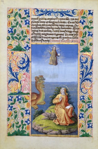السيدة لات. QvI126 f.96v سانت جون الإنجيلي في جزيرة بطمس ، من كتاب ساعات لويس دورليانز ، 1469 بواسطة جان كولوم