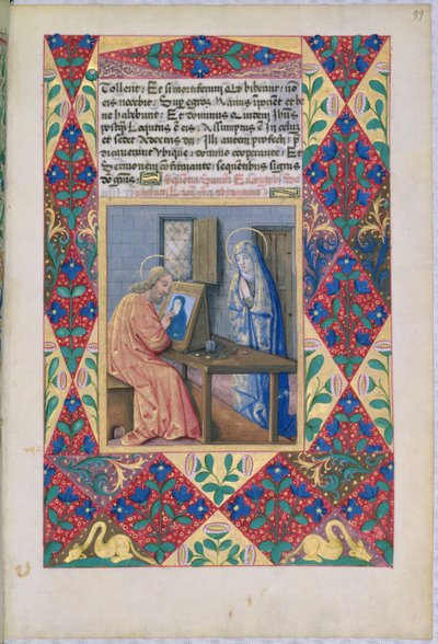 السيدة لات. QvI126 f.99 القديس لوقا يرسم مريم العذراء ، من كتاب ساعات لويس دورليانز ، 1469 بواسطة جان كولوم