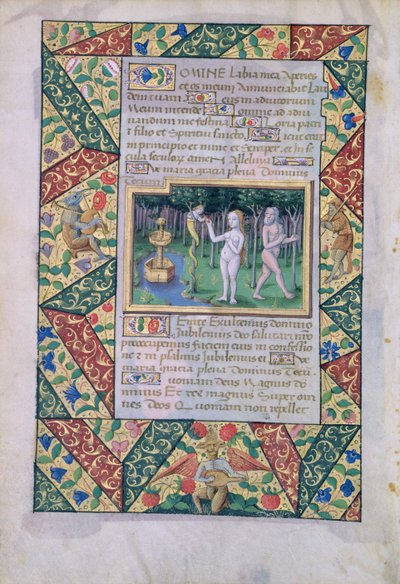 السيدة لات. QvI126 fol.12v التجربة في جنة عدن ، من كتاب ساعات لويس دورليانز ، 1490 بواسطة جان كولوم