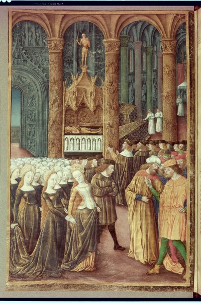 Nouv Acqu Fr 24920 fol.24v Priam قبل قبر هيكتور في معبد أبولو ، من "تاريخ تدمير طروادة" ، c.1500 بواسطة جان كولوم