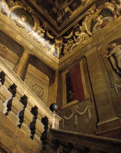 العمارة الباروكية: درج مرسوم في trompe l'oeil (trompe-l'oeil) (القرن السابع عشر). رسم جان داريت (1613-1668). فندق دي شاتورينارد. Aix en Provence (Aix-en-Provence)، Bouches du Rhone (Bouches-du-Rhone) (13). بواسطة جان داريت