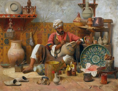 أستوديو للفخار بطنجة - جان ديسكارت (1856-1944). زيت على خشب الأبعاد: 35 و 545.5 سم مجموعة خاصة بواسطة جان ديسكارت