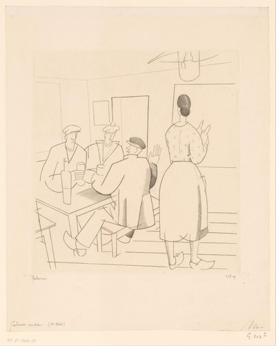 مقهى داخلي مع زبائن ونادلة Cabaret vendéen (العنوان على الكائن) بواسطة جان إميل لابوريور (بتوقيع الفنان)