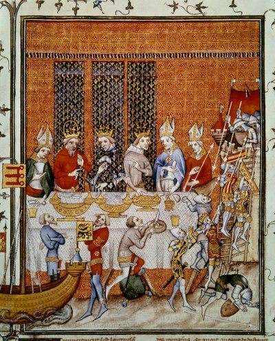 مأدبة أقامها الملك شارل الخامس ملك فرنسا (1338-1380) في قصر المدينة تكريما للإمبراطور تشارلز الرابع (1316-1378) وينسيسلا الرابع (1363-1419) ملك بوهيمي. صورة مصغرة من "سجلات فرنسا الكبرى" لجان فوكيه (1420-1481) ، باريس ، بنسلفانيا بواسطة جان فوكيه