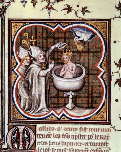Bapteme of Clovis (466-511) للقديس ريمي (القديس ريمي) إلى ريمس في عام 496: الروح القدس يجلب اللمبة المقدسة التي تحتوي على الكرم المقدس المستخدم لدهن الملوك. صورة مصغرة في "" Grandes Chronicles de france "لجين فوكيه (1420-1481) بواسطة جان فوكيه