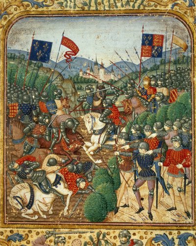 معركة أزينكور (1415). خلال حرب المائة عام ، هزم هنري الخامس ملك إنجلترا حزب Armagnacs الفرنسي - في "Grandes Chronicles de France" لجين فوكيه ، حوالي 1467 - 1476). مكتبة فيكتوريا وألبرت بواسطة جان فوكيه