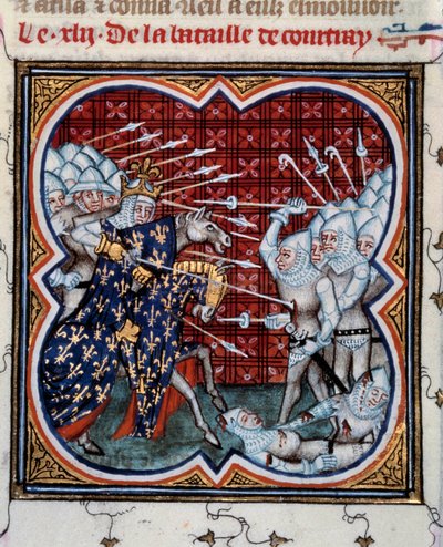 معركة كورتريج بين فيليب الرابع بيل (1268-1314) وما يسمى معركة غولدن سبيرز الفلمنكية 11/07/1302 صورة مصغرة مأخوذة من "" Les grandes Chronicles de France "لجين فوكيه (1420-1481) من القرن الخامس عشر . باريس ، BN بواسطة جان فوكيه