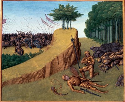 معركة رونسفالوكس (778). توفي Roland في Roncevaux. صورة مصغرة في "" Grandes Chronicles de France "(ورقة 113) لجان فوكيه (141. -147.) BN ، باريس. بواسطة جان فوكيه