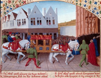 Entrée of Charles IV (1316-1378) الإمبراطور الألماني عام 1378 في سان دوني. صورة مصغرة من "" Grandes Chronicles de France "(الورقة 442). إنلومين بواسطة جان فوكيه (القرن الخامس عشر) بواسطة جان فوكيه