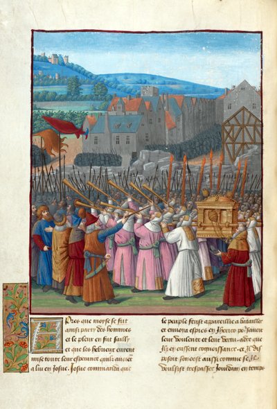 يشوع وسقوط أريحا. رسم إيضاحي في فلافيوس جوزيفوس "آثار اليهود" (Antiquitatum Iudaicarum) par Fouquet، Jean (1420-1481). جواش على رق ، أواخر القرن الخامس عشر ، المكتبة الوطنية الفرنسية بواسطة جان فوكيه