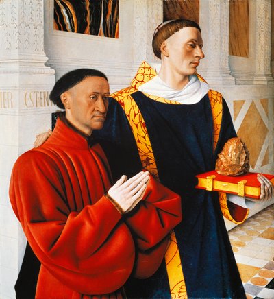 Left hand panel of the Melun Diptych: Etienne Chevalier with his patron saint St Stephen بواسطة جان فوكيه