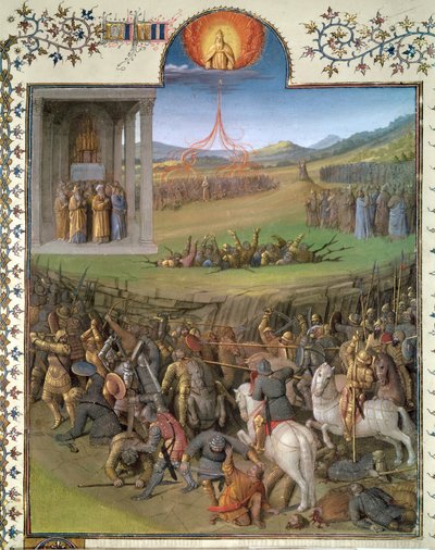 السيدة ف 247 ص 70 معركة العبرانيين ضد الكنعانيين وتأديب قورح والمتمردين ، مثال من كتاب "Antiquites Judaiques" ، 1470 بواسطة جان فوكيه