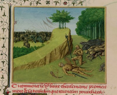 السيدة Fr 6465 f.113 الإمبراطور شارلمان يجد جثة رولاند بعد معركة رونسيفو ، من "Les Grandes Chroniques de France" ، c.1460 بواسطة جان فوكيه