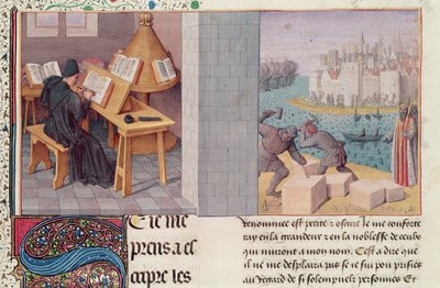 Ms.fr.273 fol.7 ليفي (59 قبل الميلاد - 17 ميلادي) الكتابة ومؤسسة روما ، من "حوليات الشعب الروماني" ترجمة بيير بيرسوير ، 1475 بواسطة جان فوكيه