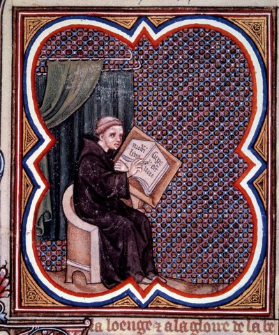 الرئيسيات يكتب سجلات فرنسا العظيمة في دير القديس دوني. صورة مصغرة من مخطوطة جان فوكيه (1420 - 1481) "" Grandes Chronicles de France "". باريس ، BN بواسطة جان فوكيه