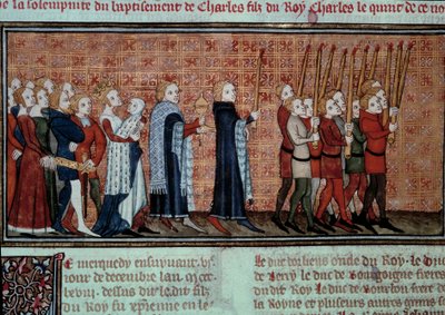 موكب بمناسبة معمودية شارل السادس (1368-1422) حملته الملكة جين إيفرو مينياتشر من "" Les grandes Chronicles de France "لجين فوكيه (1420-1481) باريس ، بي إن بواسطة جان فوكيه